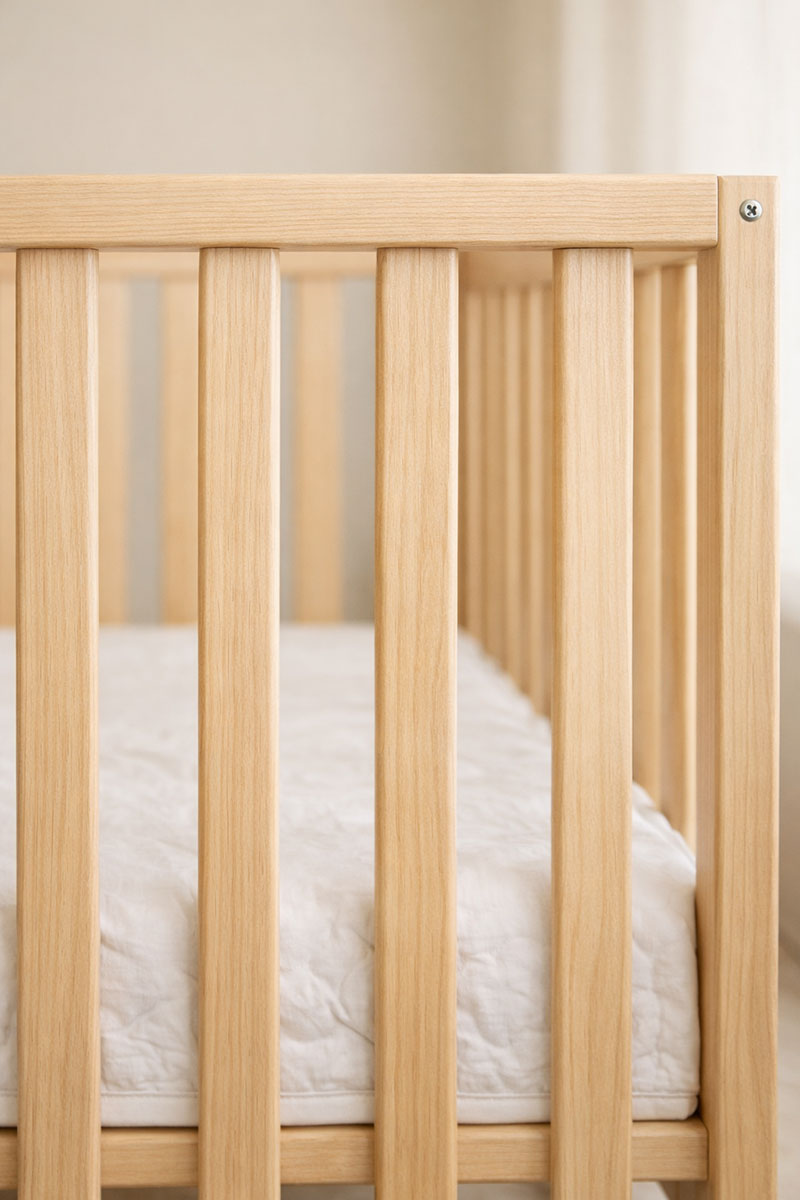 Closeup view of crib side rails showing evenly spaced wooden slats