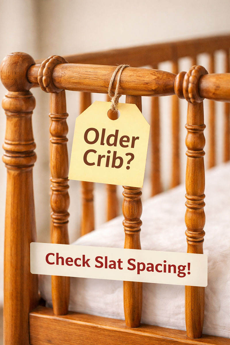 Vintage crib rail detail reminding parents to verify slat spacing against modern standards