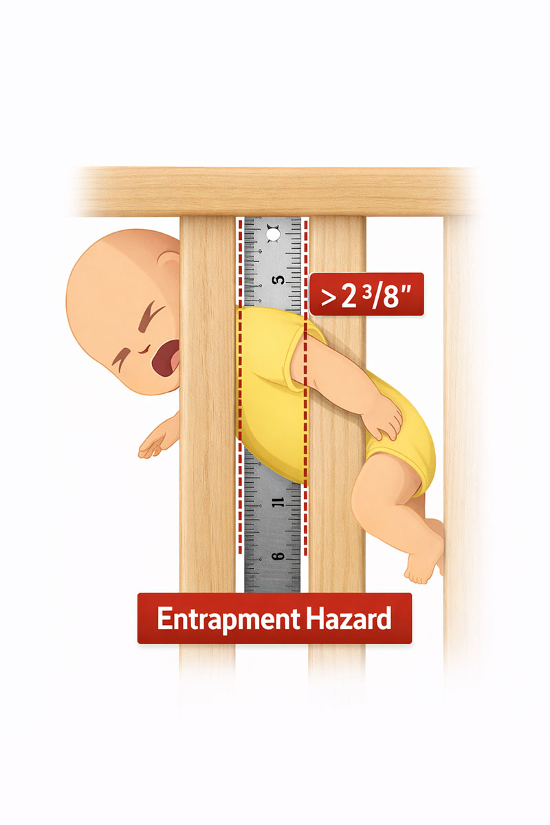 Illustration showing how excessive crib slat spacing creates entrapment risk