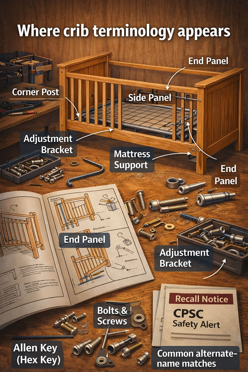Labeled baby crib parts and hardware terms shown for terminology reference