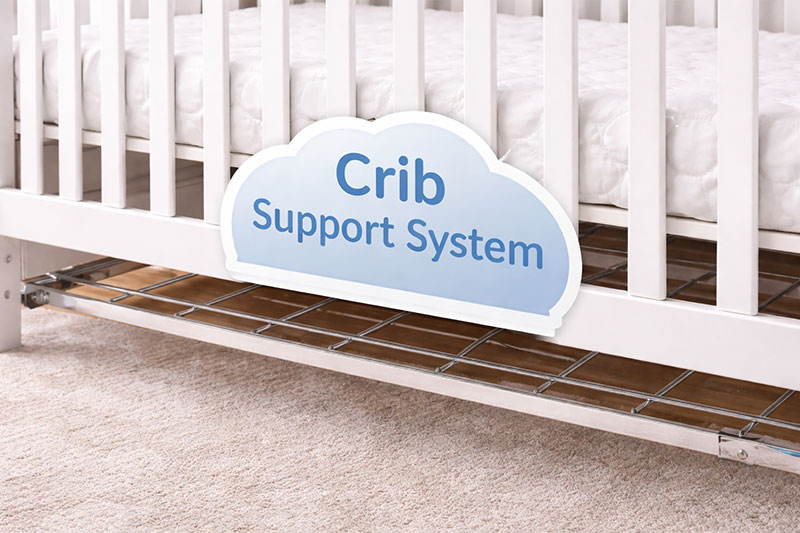 Close-up of a crib mattress support platform and frame showing where crib weight stress builds over time