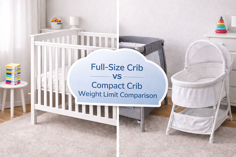 Simple comparison view of a full-size crib and a compact sleep setup showing how crib type affects weight limits