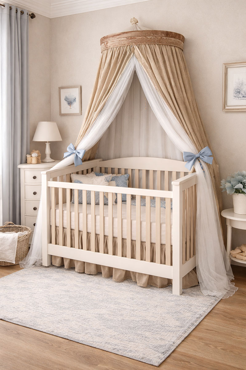 Blue and brown nursery featuring a decorative crib canopy as part of a themed room