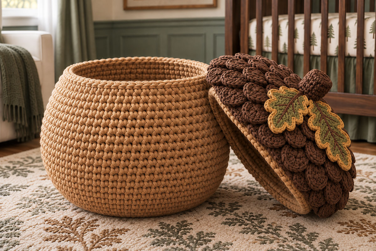 Oversized tan crochet acorn storage basket standing open beside its removable brown scalloped lid decorated with two green and gold oak leaves in a woodland nursery