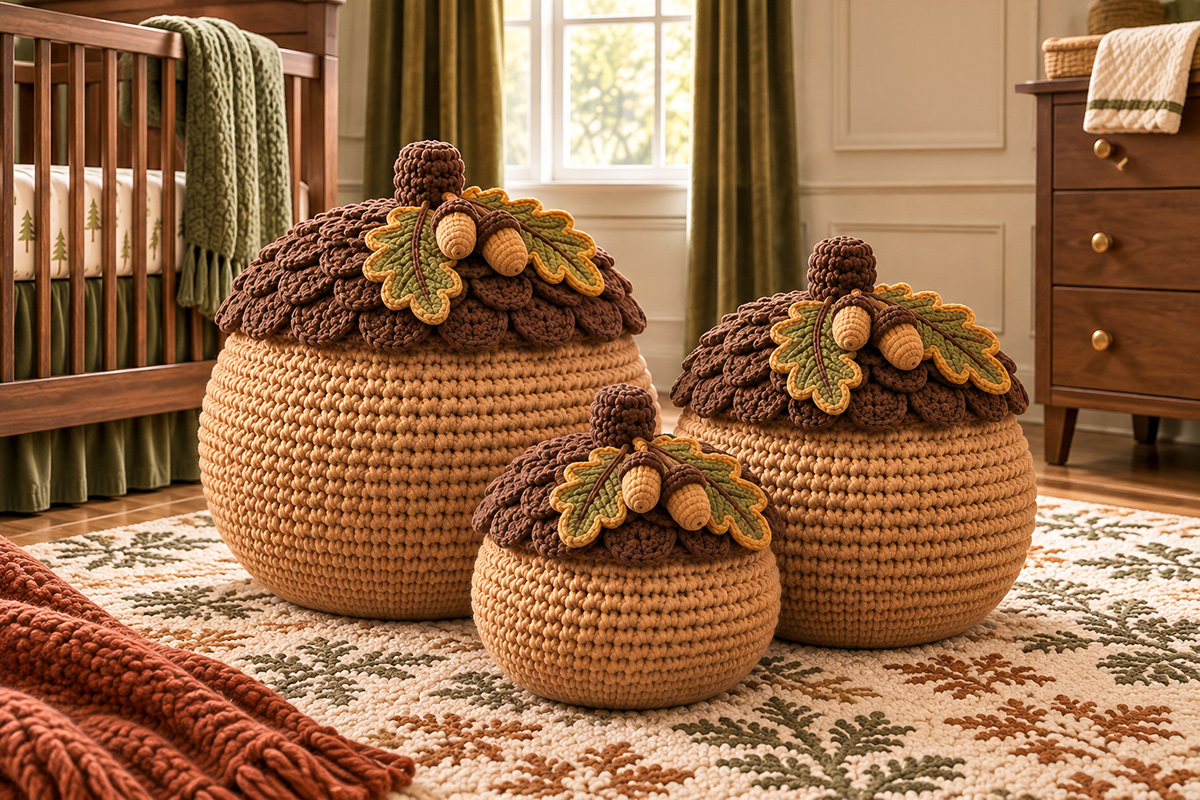Three graduated crochet acorn storage baskets in a woodland nursery, with rounded tan bodies, scalloped brown lids, short upright stems, two acorns and green crocheted oak leaves on each lid