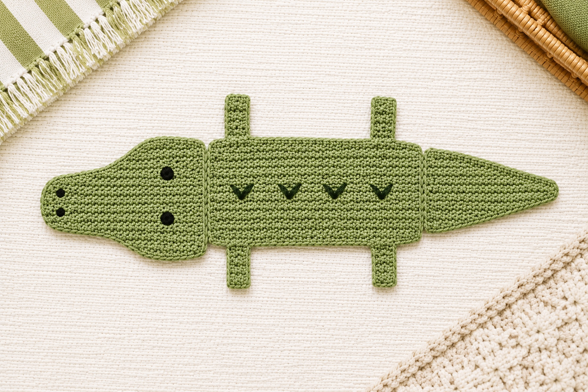 Finished green crochet alligator applique with broad snout tapered tail four legs and embroidered facial details
