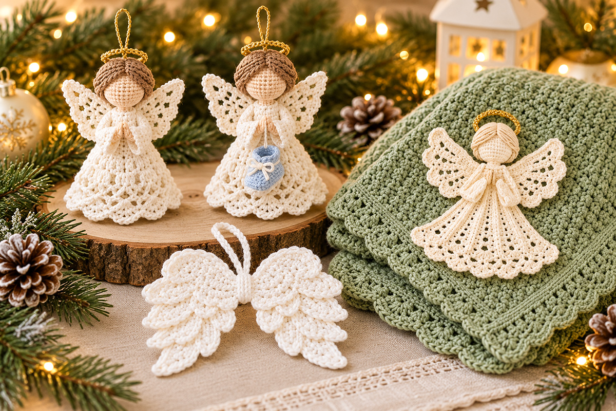 Collection of three handmade crochet angel designs featuring a Christmas angel ornament decorative angel applique and crocheted angel wings