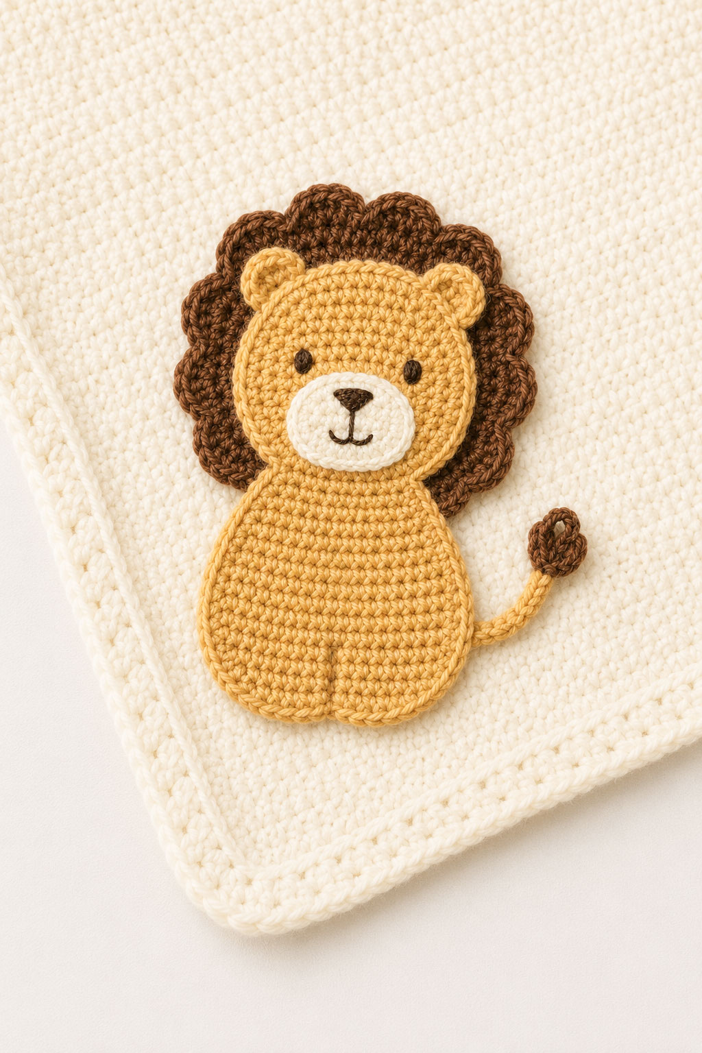 Crochet animal appliques including a lion sewn securely onto a handmade baby blanket