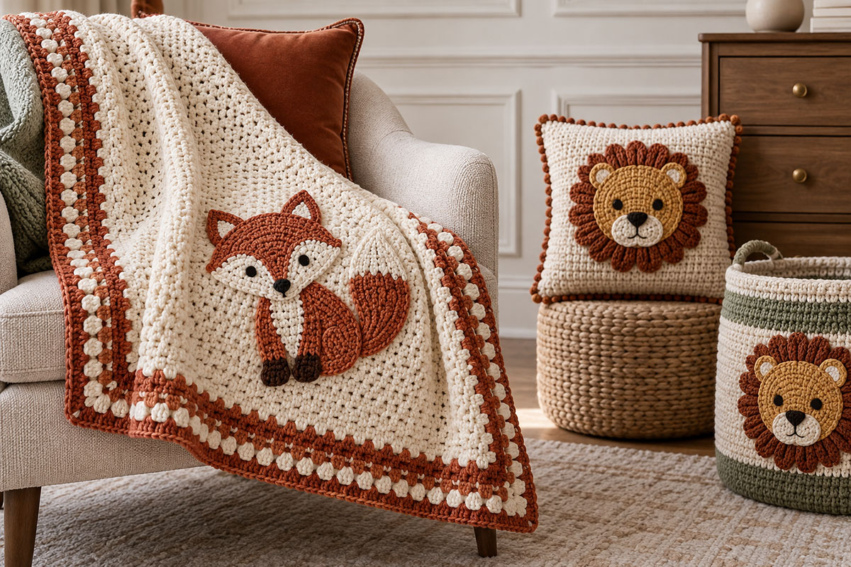 Crochet fox and lion appliques used on finished baby blanket and nursery craft projects