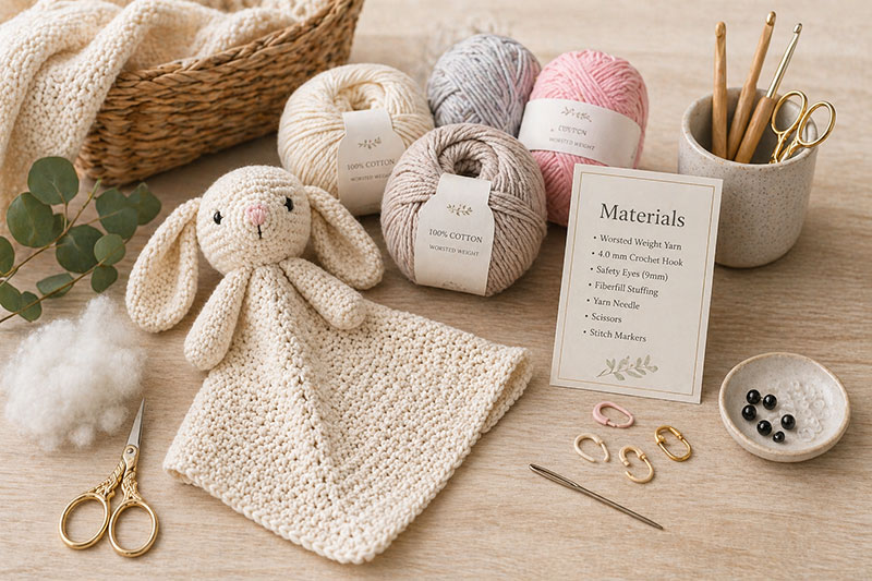crochet yarn hook and supplies arranged for a baby lovey project