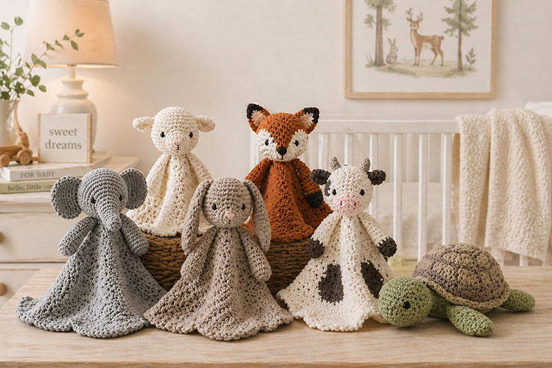 crochet animal lovey pattern examples styled in a nursery setting