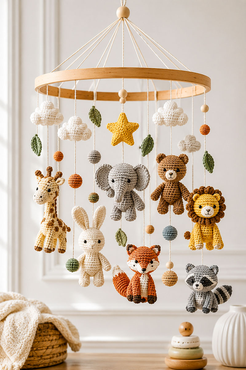 Crochet baby mobile pattern with handmade nursery pieces