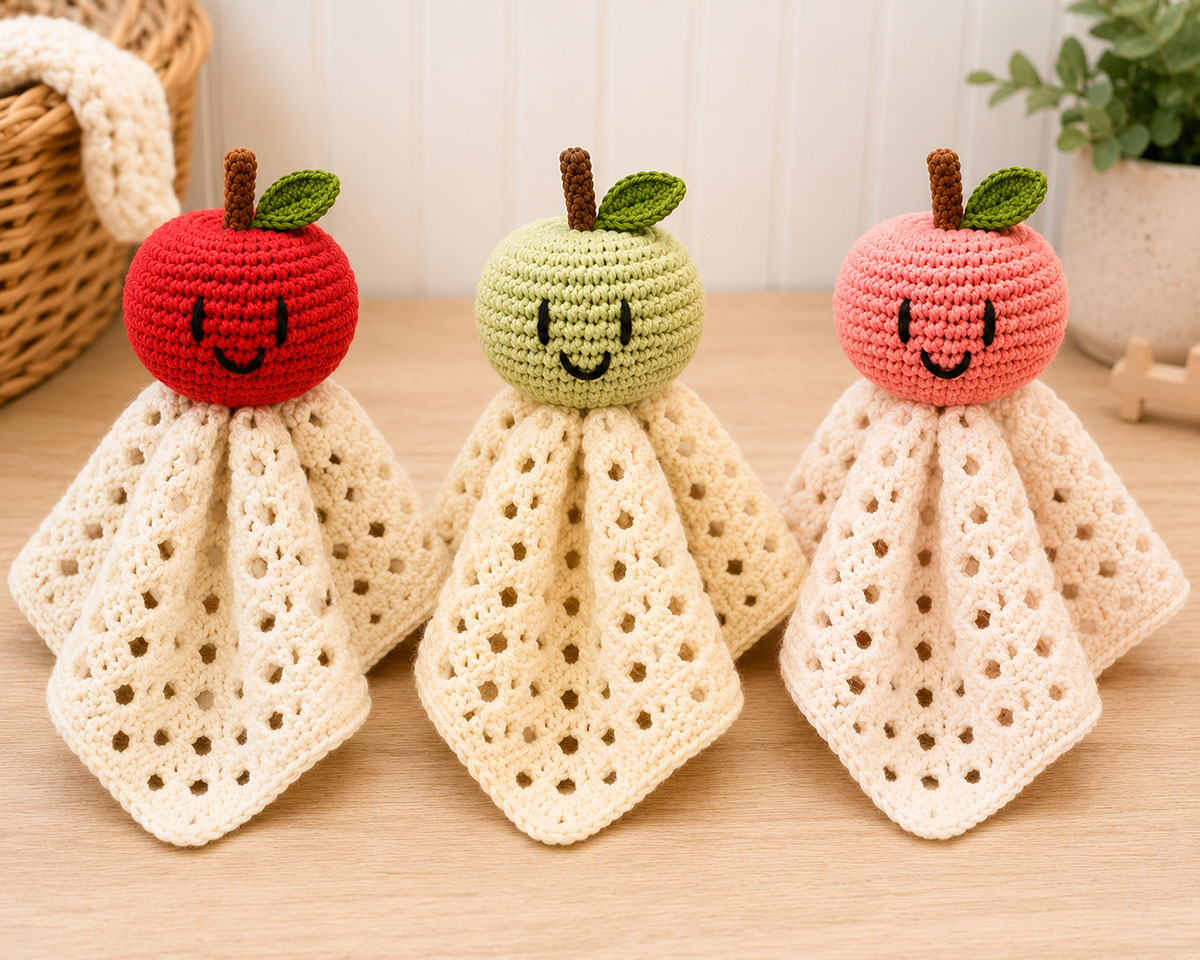 Red, green and golden crochet apple loveys arranged on folded neutral fabric