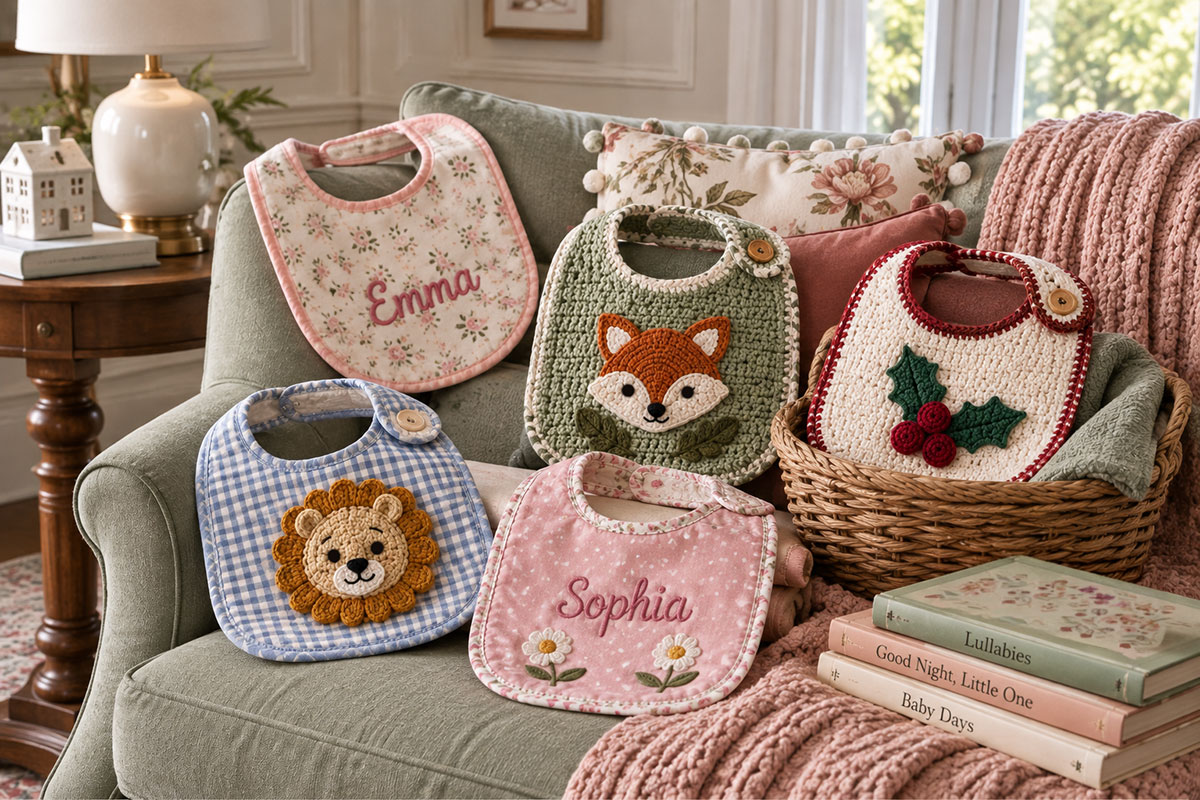 Finished baby bibs decorated with securely attached fox, lion and seasonal crochet appliques