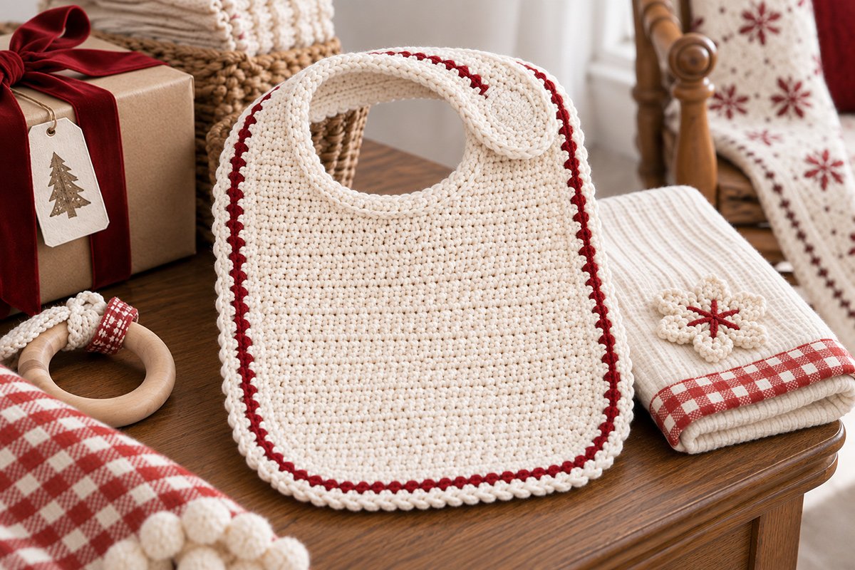 Free crochet baby bib pattern with cream cotton body and narrow cranberry edging