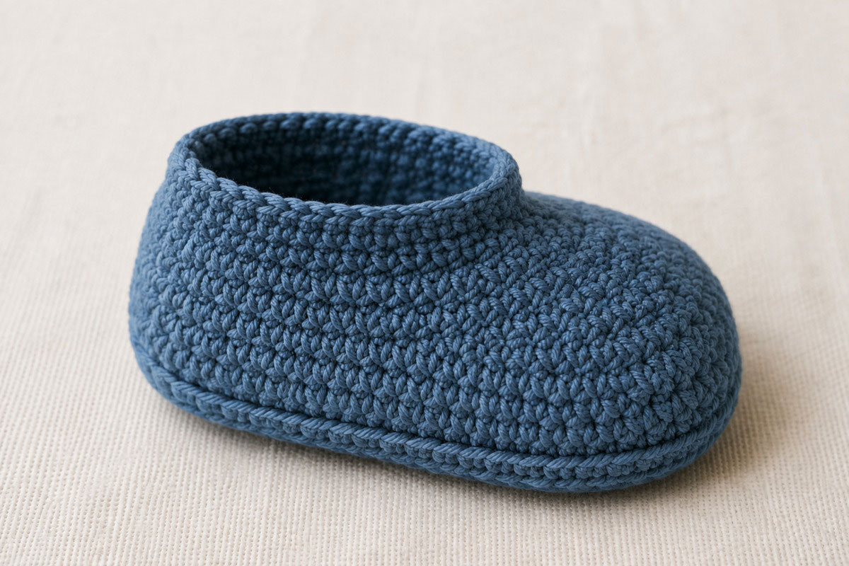 Plain finished ankle opening on a one-piece crochet baby bootie without ties or buttons