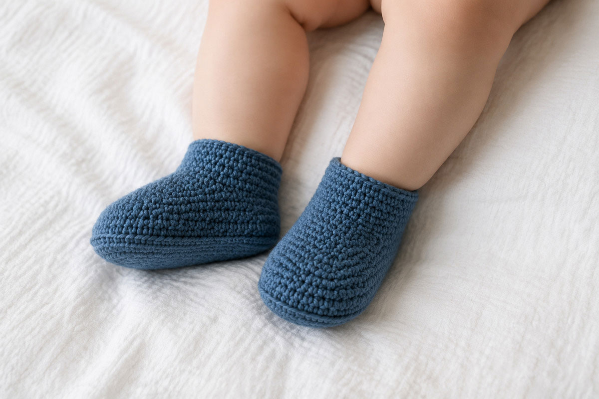 Matching pair of simple crochet baby booties with rounded toes and plain ankle openings
