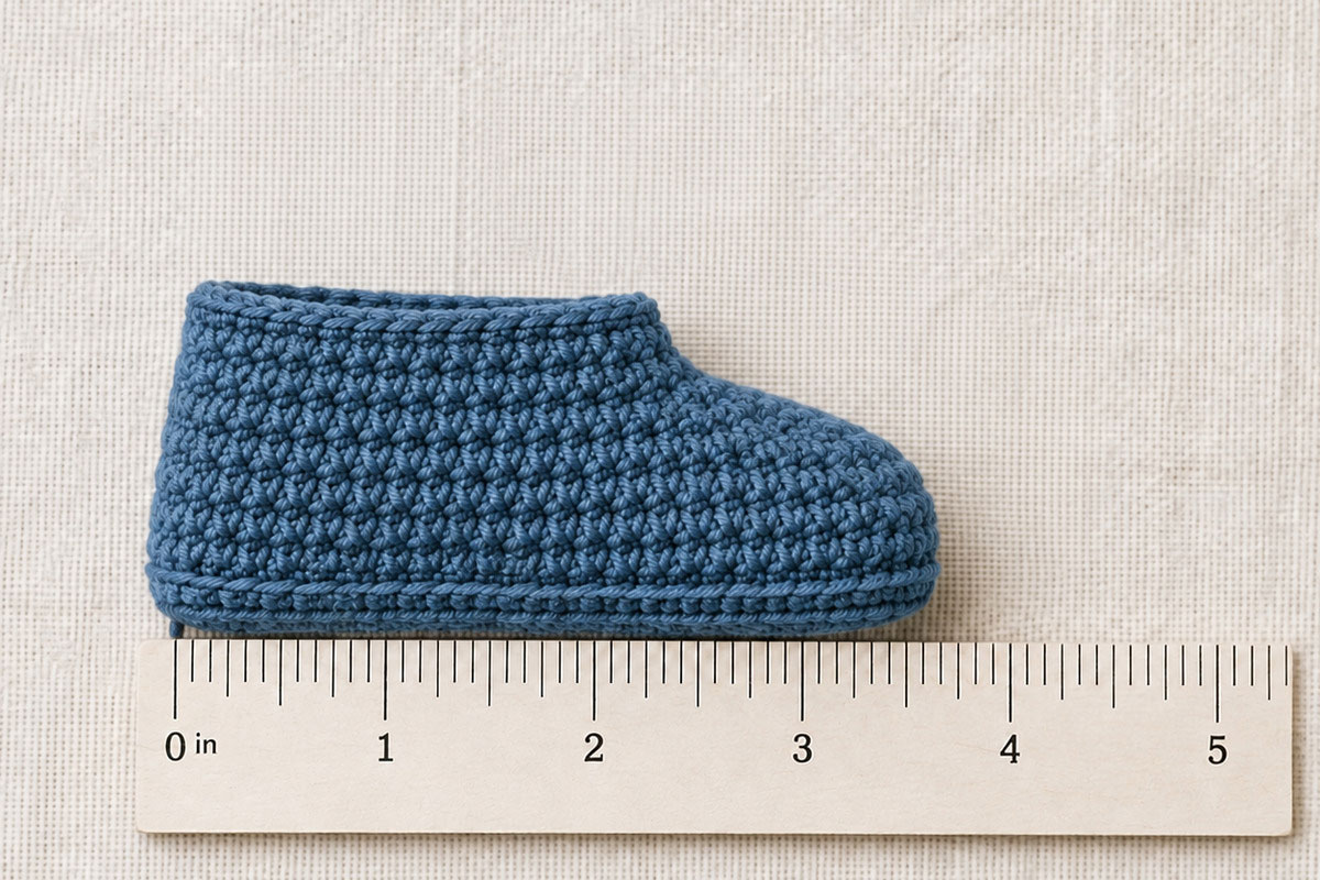 Completed crochet baby bootie beside a ruler showing an approximately three-and-three-quarter-inch sole