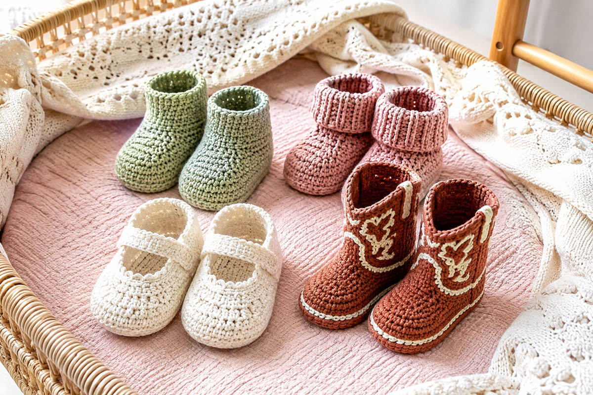 Four finished pairs of crochet baby booties showing plain ankle, folded cuff, Mary Jane and western boot styles