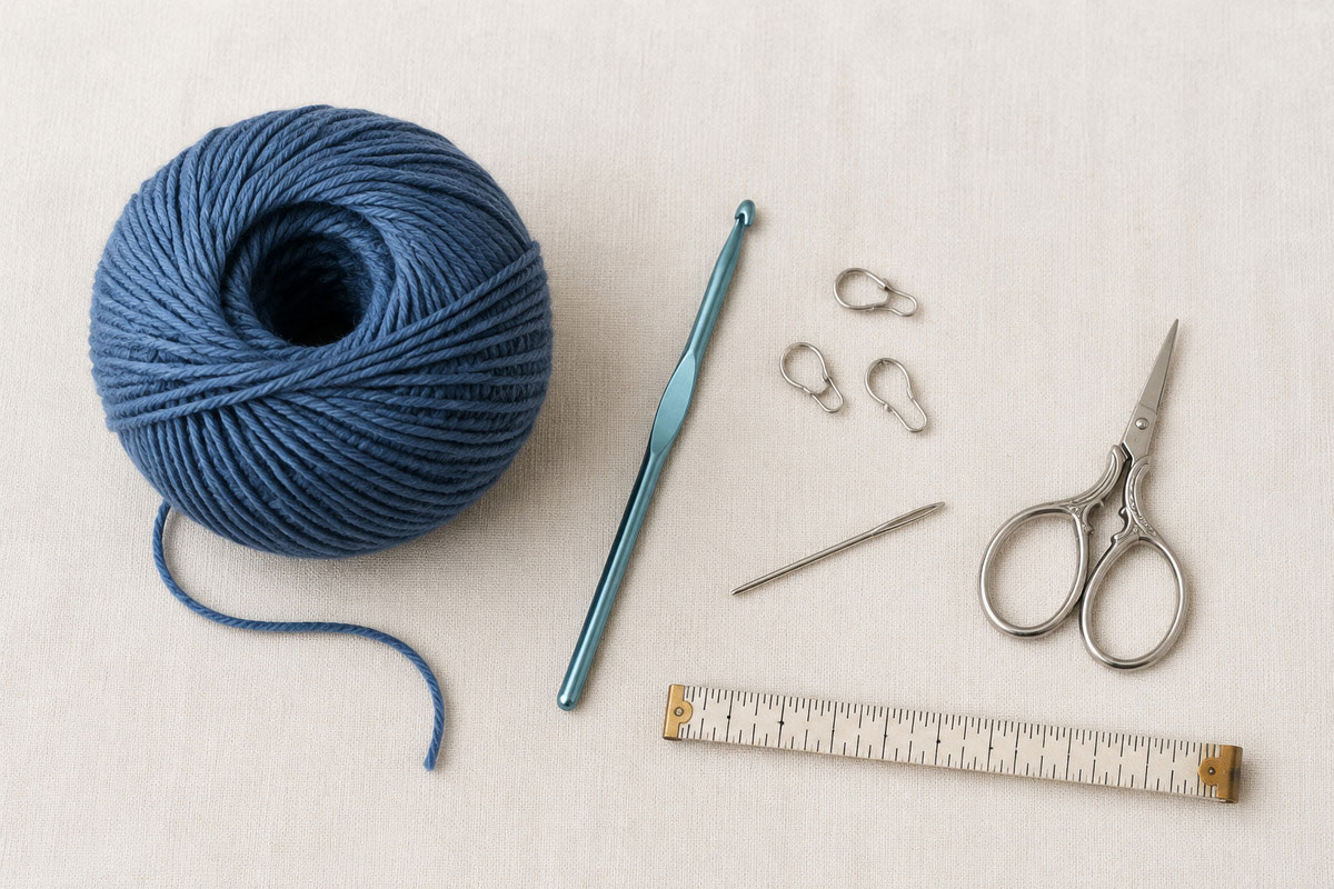DK baby yarn with a crochet hook, locking stitch markers, yarn needle, scissors and measuring tape for making baby booties