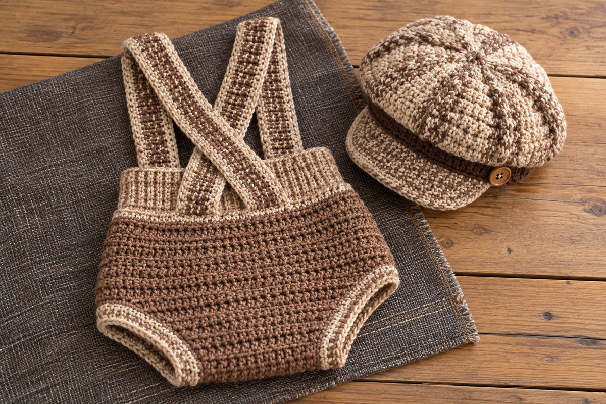 Back view of taupe and brown crochet baby boy diaper cover with crossed textured suspenders beside a matching segmented newsboy hat with short brim and side button
