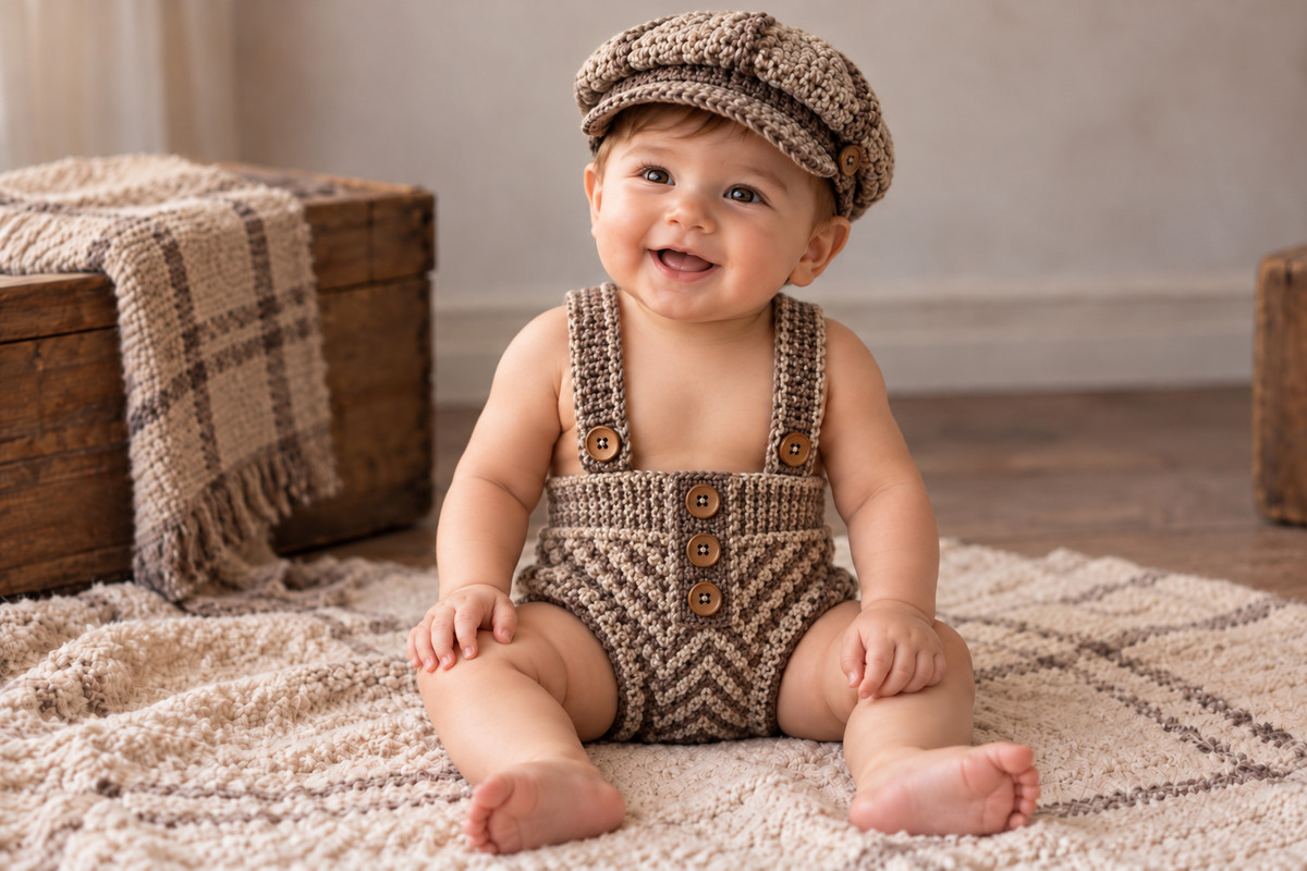 Smiling baby boy wearing a vintage taupe and brown crochet diaper cover with high waist three-button front textured chevron panel buttoned suspenders and matching newsboy hat