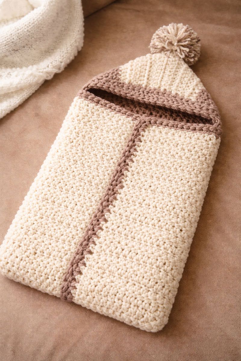 Crochet baby bunting with hood and large fluffy pom pom made with chunky yarn