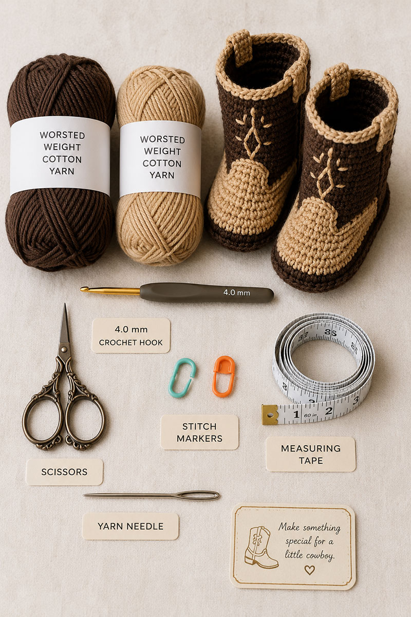Supplies for a crochet baby cowboy boots pattern with brown yarn, tan yarn, hook, scissors, and stitch markers
