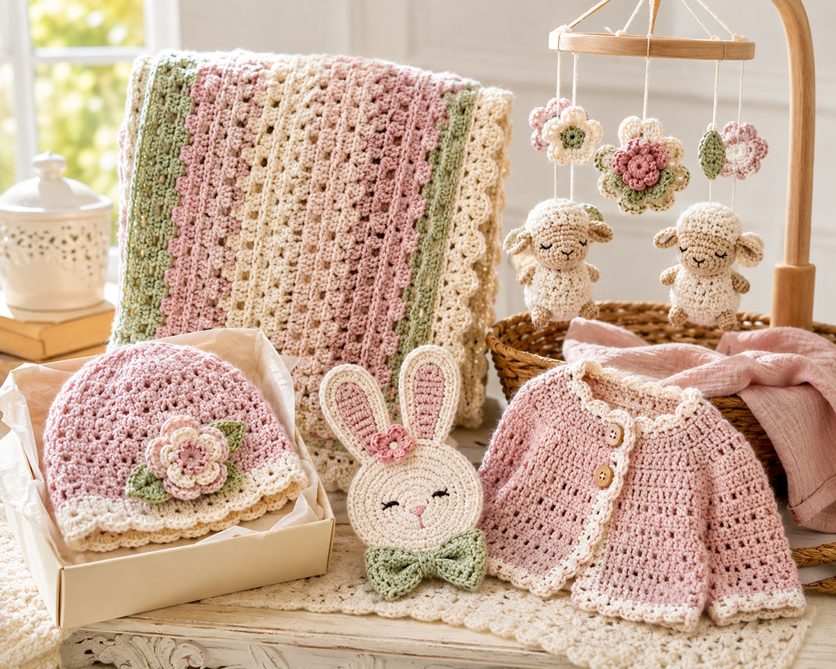Handmade crochet baby gifts including a baby blanket, crochet hat, animal applique and nursery mobile arranged as personalized gift ideas