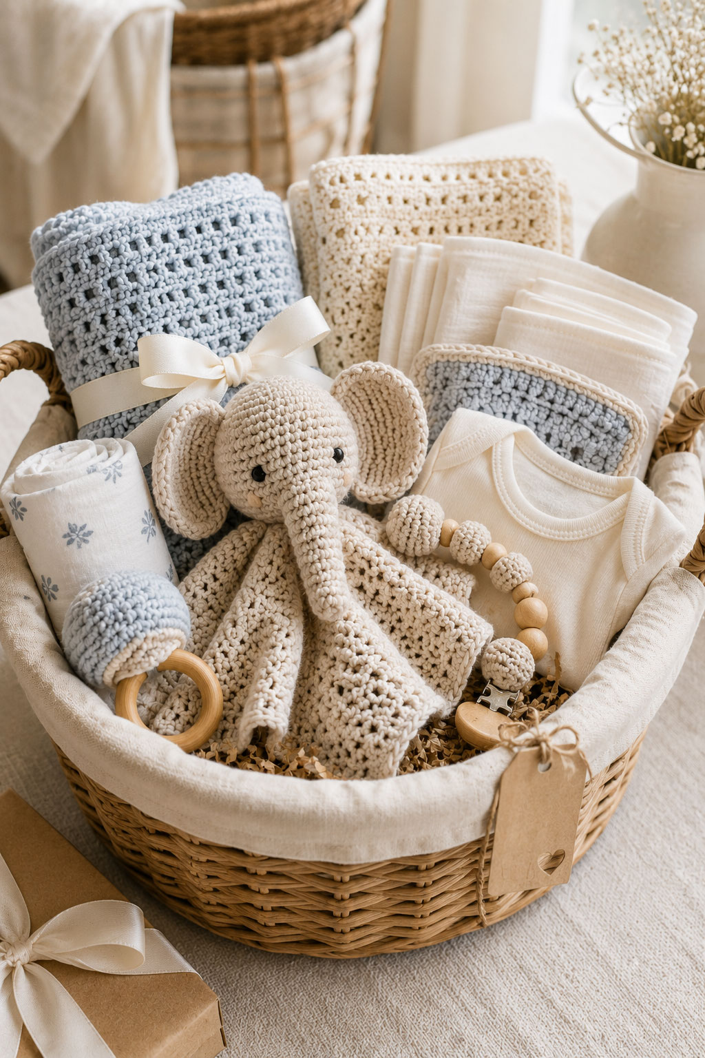 Crochet baby shower gift basket with handmade baby gifts and nursery accessories