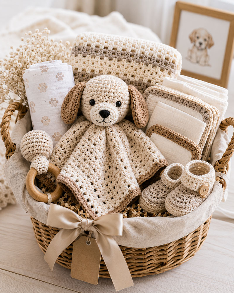 Finished crochet baby shower gift basket with handmade baby gifts