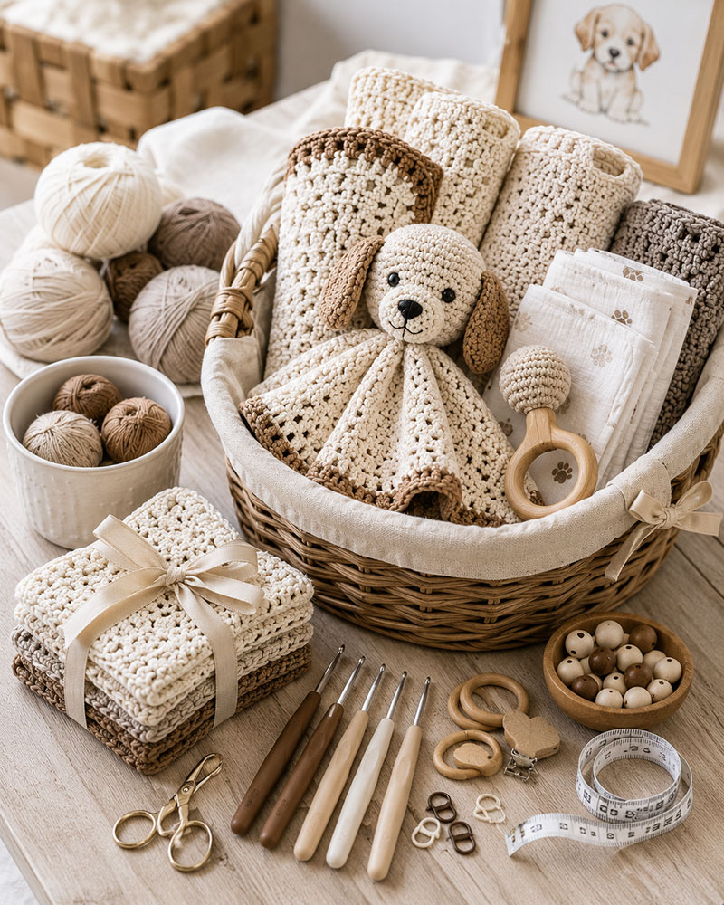 Materials for handmade crochet baby shower gifts and gift basket assembly