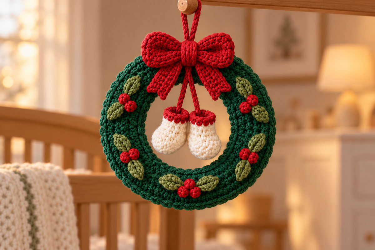 Baby's first Christmas crochet wreath ornament showing two miniature ivory crocheted booties with cranberry cuffs suspended beneath the red bow inside the evergreen wreath