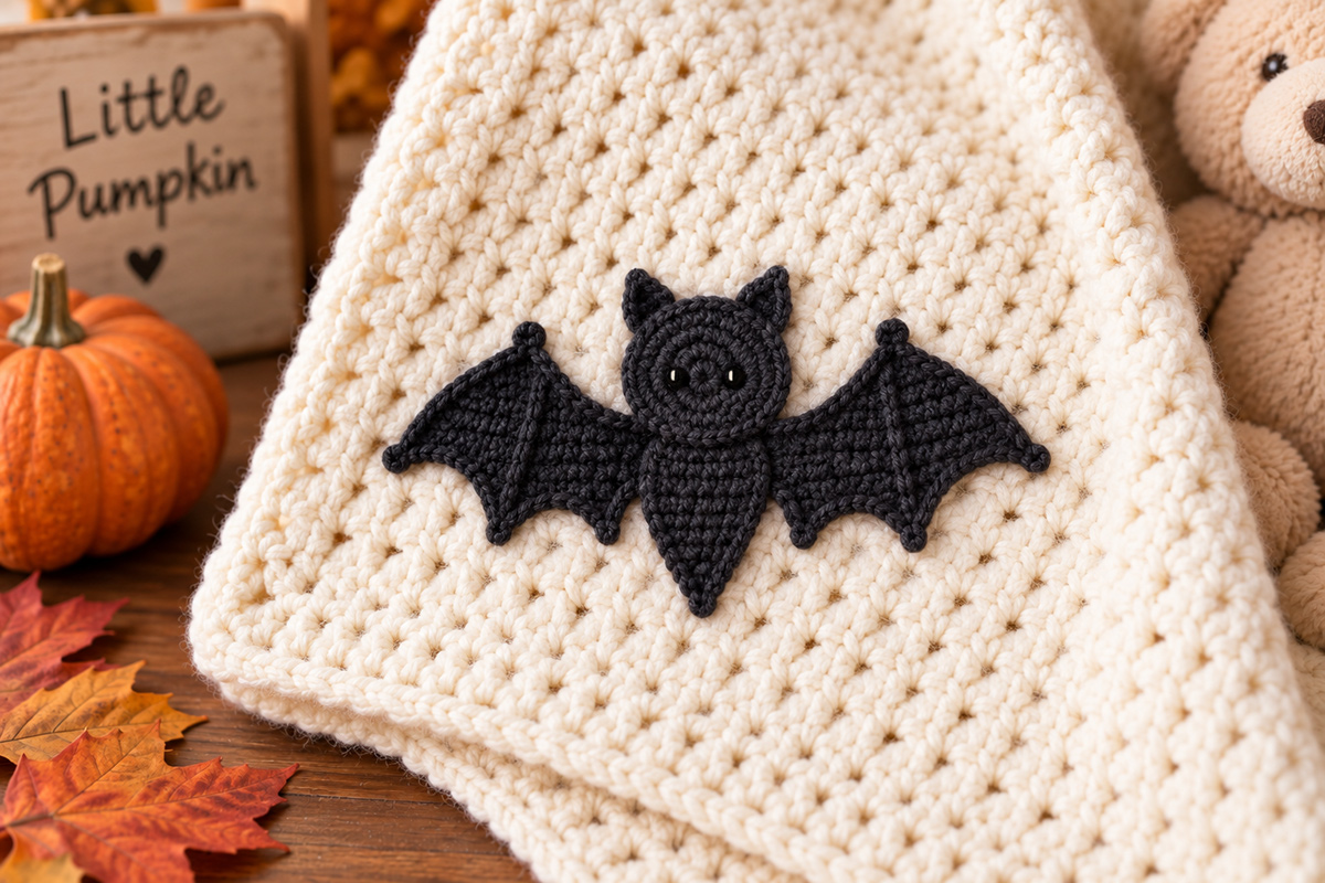 Flat crochet bat applique made with two small shaped bat wings and a simple tapered crochet body