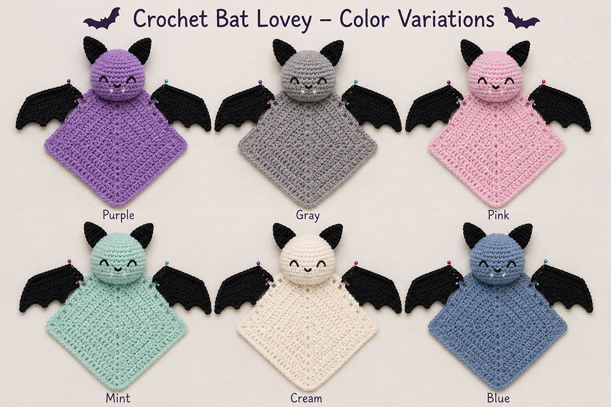 Charcoal and plum crochet bat lovey shown beside navy and rust yarn color options