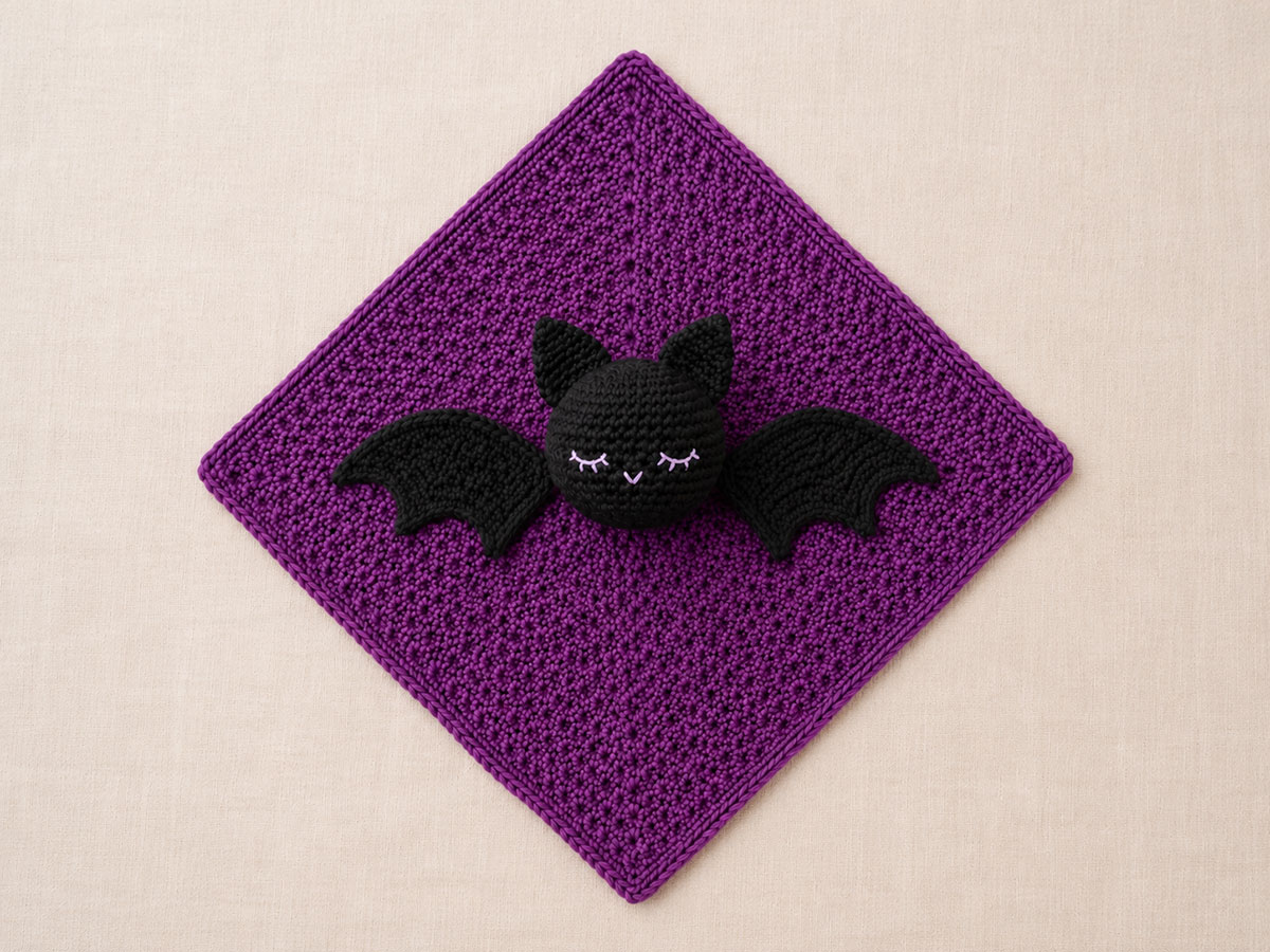 Crochet bat lovey laid flat to show the square blanket, small bat head, pointed ears and wide wings