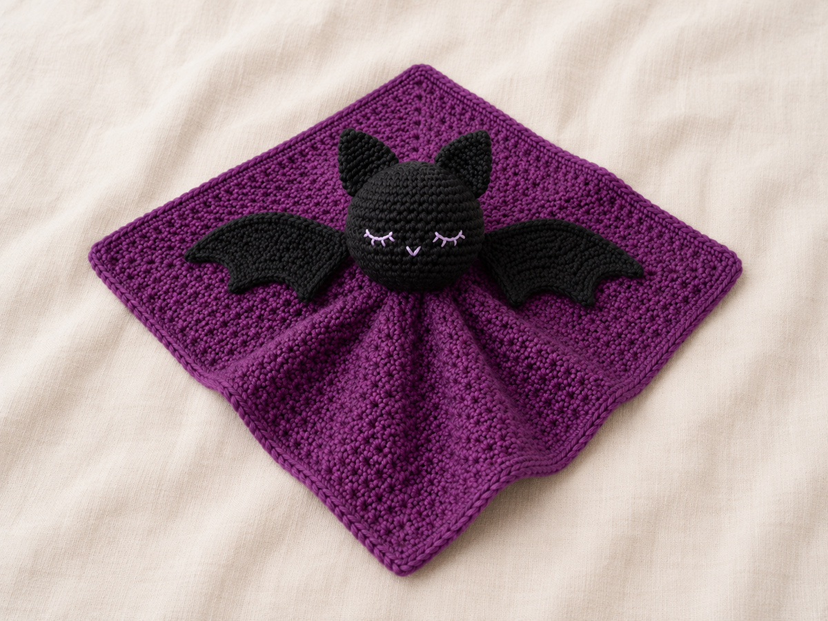 Free crochet bat lovey pattern with a soft blanket body, pointed ears, wide wings and embroidered face