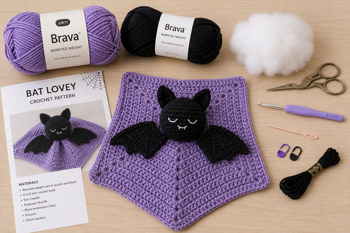 Worsted-weight yarn, crochet hooks, fiberfill, yarn needle and stitch markers arranged for a crochet bat lovey pattern