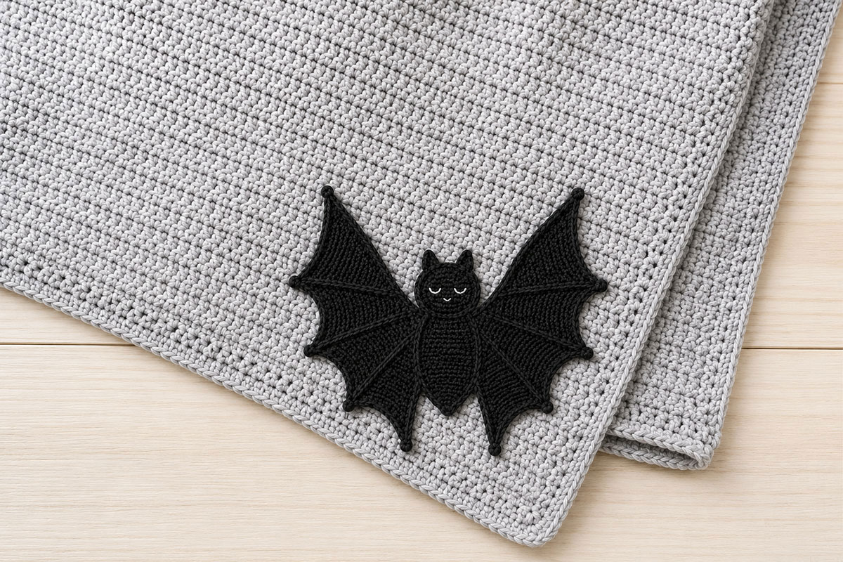 Handmade gray baby keepsake blanket with one flat crochet bat applique sewn near the corner