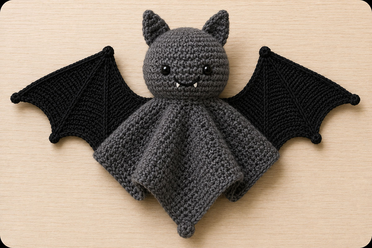 Handmade crochet bat lovey with two medium crochet bat wings securely sewn along their straight attachment edges