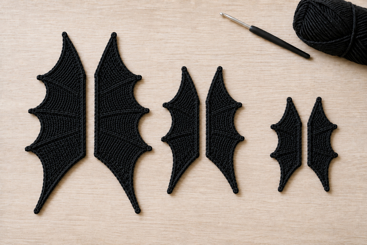 Finished crochet bat wings in multiple sizes for Halloween applique projects