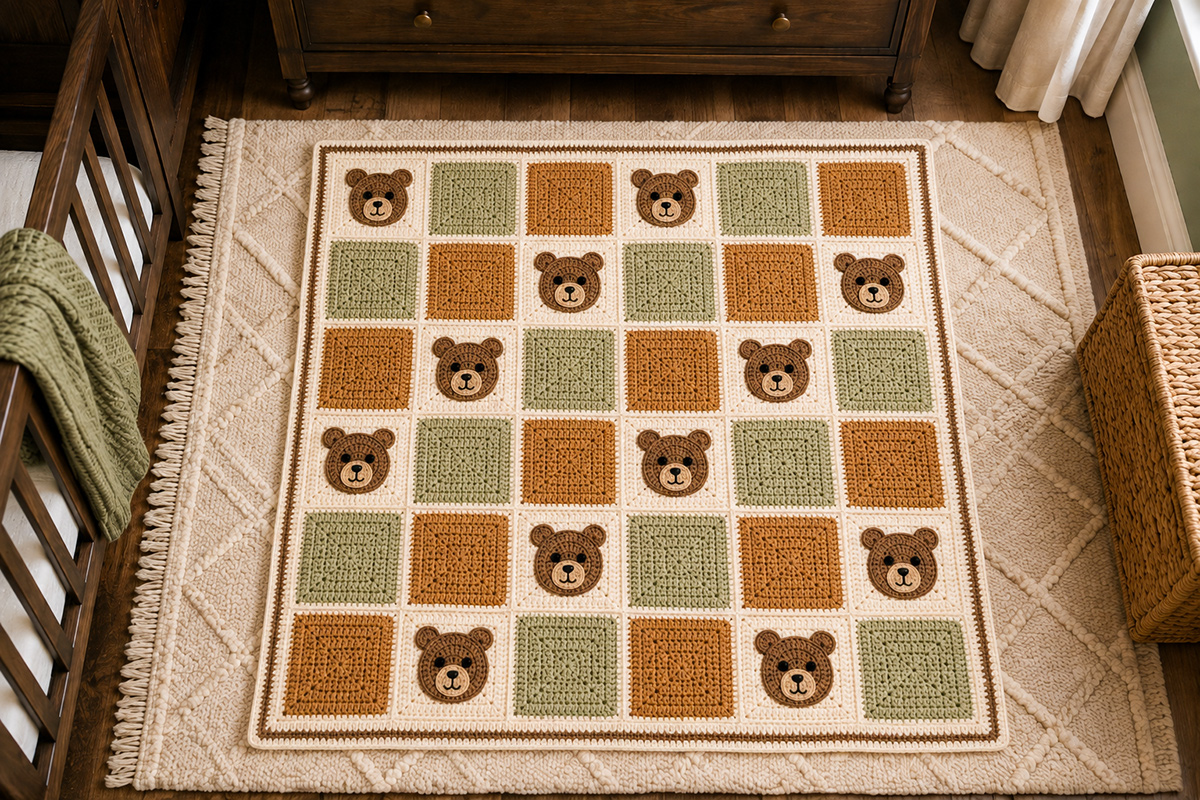 Finished crochet bear baby blanket with teddy bear granny squares