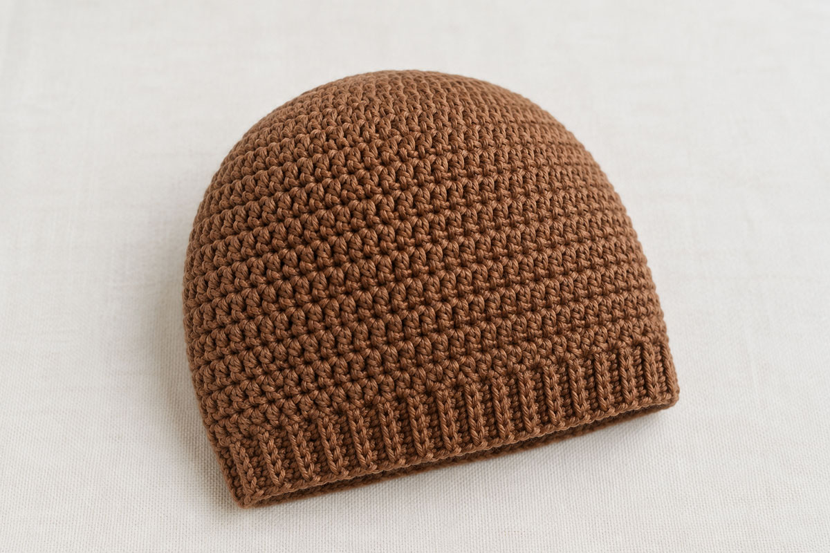 Finished brown crochet baby hat without ears showing rounded crown straight sides and ribbed lower edge