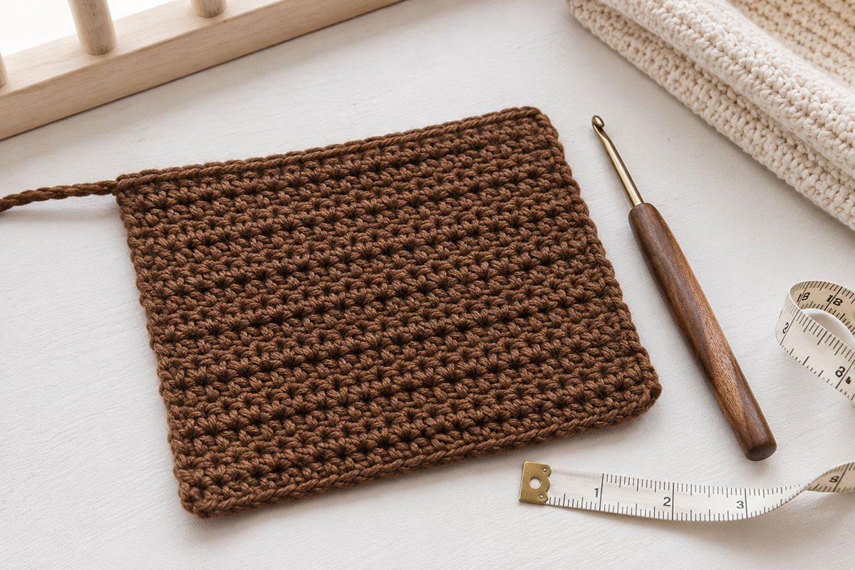 Brown half double crochet swatch beside a crochet hook and measuring tape showing the fabric used for the baby bear hat