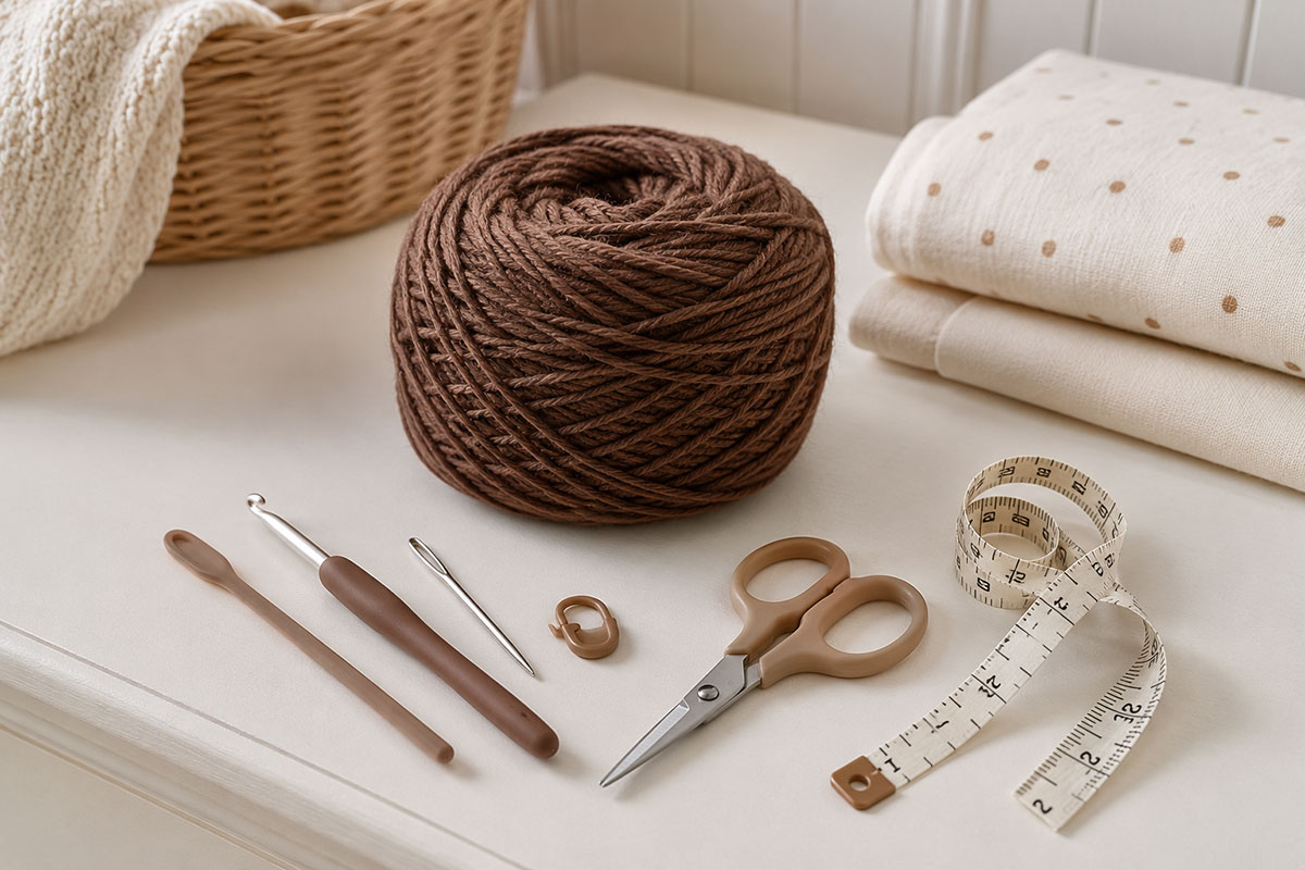 Brown worsted weight yarn crochet hook yarn needle stitch marker scissors and measuring tape arranged for making a crochet bear hat