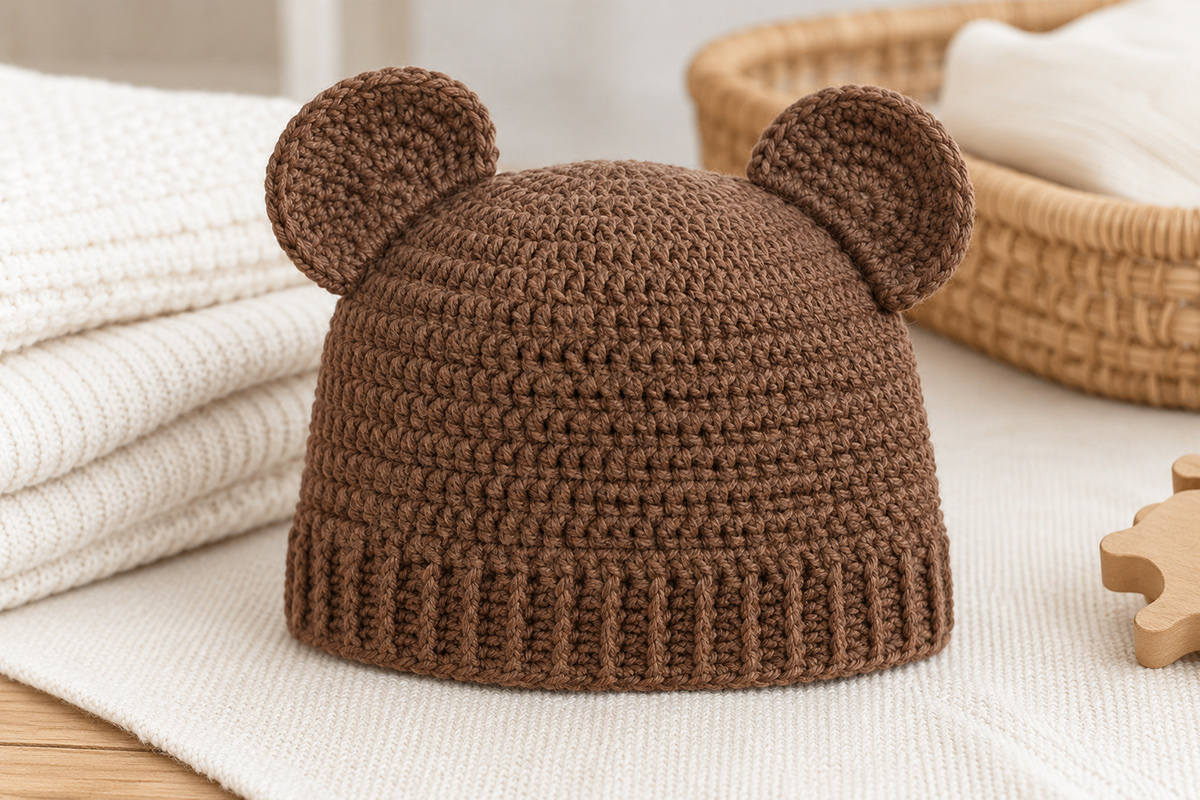 Finished brown crochet baby bear hat with two rounded ears