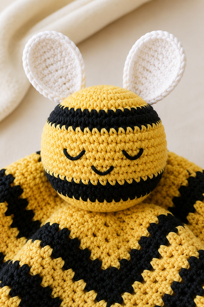 Close view of crochet bee lovey showing striped head and wing placement