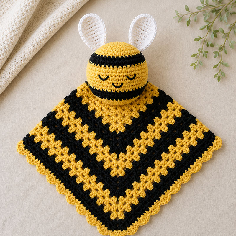 Crochet bee lovey blanket showing striped square construction