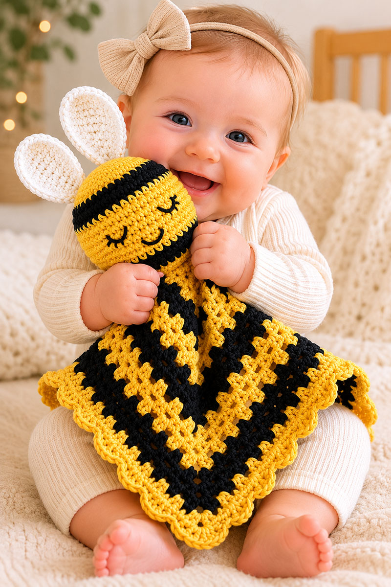 Finished crochet bee lovey showing assembled head wings and blanket