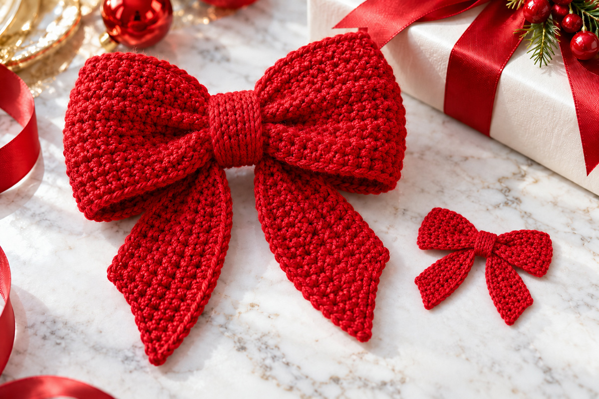 Large red crochet bow with wide loops and long pointed tails beside a small crochet bow applique